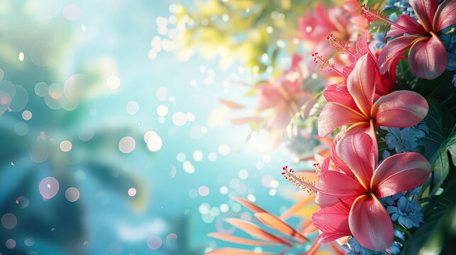 Fototapeta close up hawaii flowers on bokeh background with copy space for lei day background - AI Generated Abstract Art