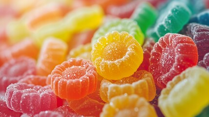 Tasty colorful jelly candies in an explosion of bright colors and fruity flavors. Jelly sweets that delight the eyes with the joy of colors and sweetness. - obrazy, fototapety, plakaty