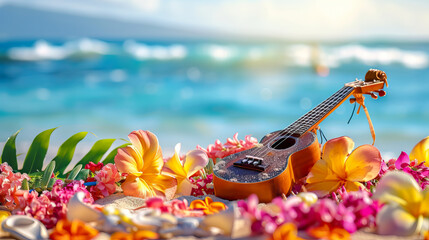 close up ukulele and colorful flowers on blurred beach background for lei day - AI Generated Abstract Art