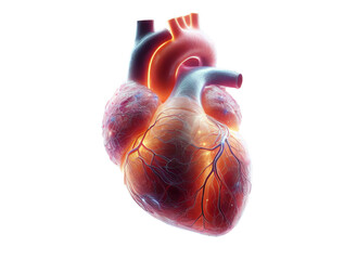 Heart Organ Technology Isolated Transparent Background. Human Heart Glowing Colorful. Artificial Heart Technology. 3D Print Heart. Future Health Industry.
