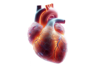 Heart Organ Technology Isolated Transparent Background. Human Heart Glowing Colorful. Artificial Heart Technology. 3D Print Heart. Future Health Industry.