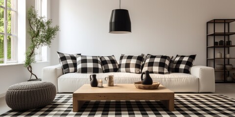 Contemporary living room with black and white checkered pillows and carpet.