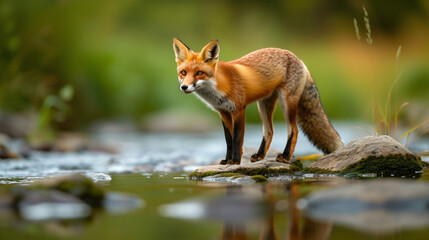 Beautiful Red fox standing on a few stones over t.