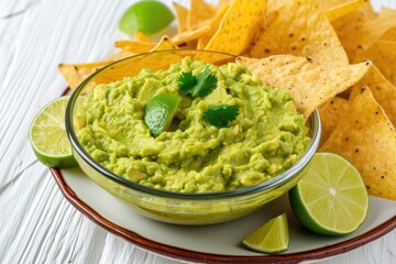Mexican guacamole a homemade vegan dip made with mashed ripe green avocado served with tortilla chips or nachos on a plate
