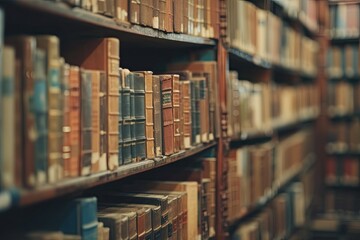 Many aged books in a bookstore or library with blurred bookshelves