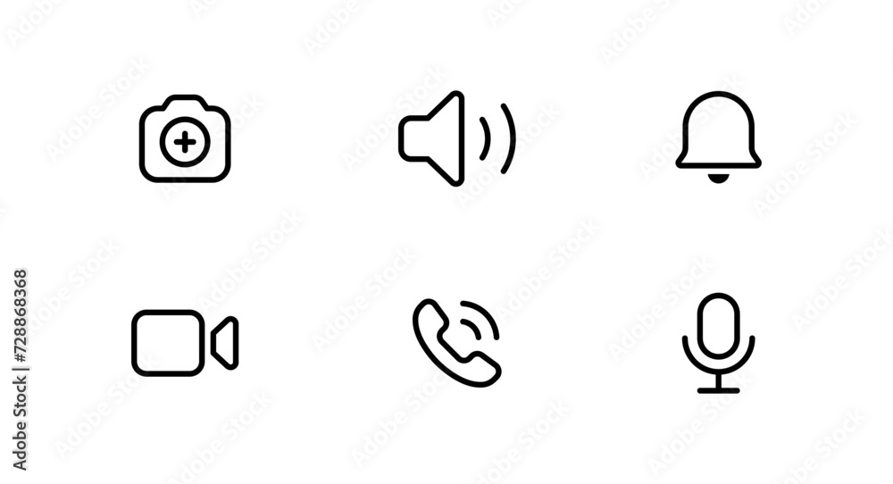 Leinwandbilder camera icon with add plus symbol. sound volume, speaker icon. notification bell icon. camera video i