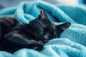 Pet animal concept A black cat rests on a blue bed indoors