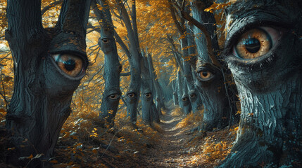 A forest where trees have eyes instead of leaves, each one blinking and watching as you pass by. - obrazy, fototapety, plakaty