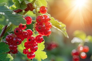 Red currant berries grow on a bush in the sunny garden