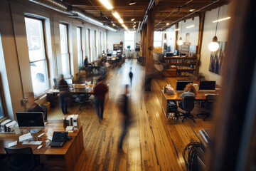 A modern office environment with motion blur movement and activity, dynamic office space in motion 
