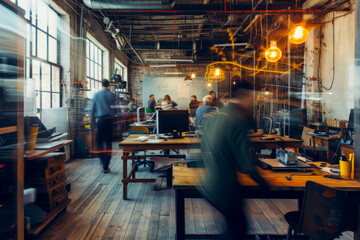 A modern office environment with motion blur movement and activity, dynamic office space in motion 