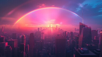 A surreal cityscape where skyscrapers are connected by bridges made of rainbows, spanning across the skyline like a web of light.