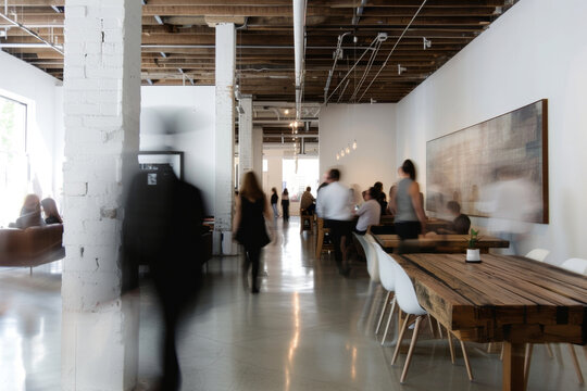 A modern office environment with motion blur movement and activity, dynamic office space in motion