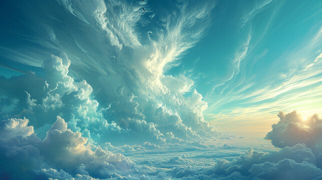 A surreal landscape where clouds take on the shapes of mythical creatures, drifting lazily across the sky.