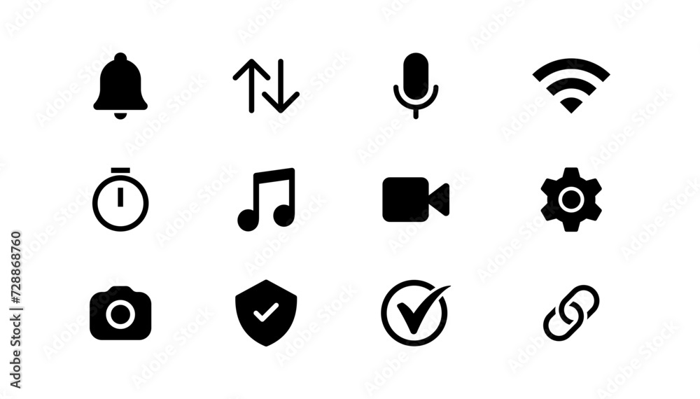 Fototapete Notication bell icon. Time and clock icon. Camera video icon. Shield check mark box tick icon. Record, microphone icon. Settings gear icon. Wireless wifi icon. Music note icon - App Web icons set