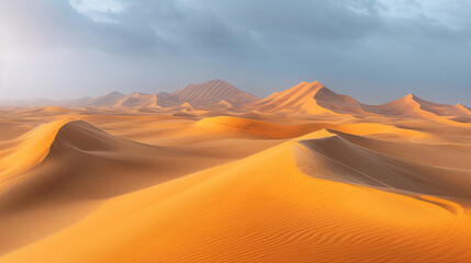 Fototapeta na wymiar A surreal desert landscape where sand dunes resemble giant waves frozen in time.