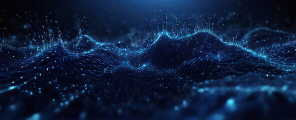 Abstract blue waves lines from particles and dots of energetic magic with glow effect