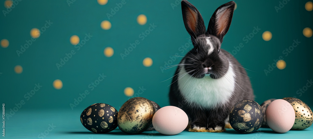 Wall mural black and white rabbit with gold and black easter eggs on emerald background