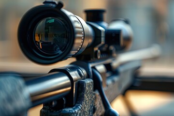 Fototapeta na wymiar Scope on a military semi auto sniper rifle Gun barrel
