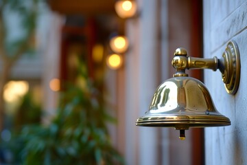 An elegantly hung hotel bell announces guests' arrival with a gentle melody. Polished metal bell adds a touch of sophistication at the hotel entrance. - obrazy, fototapety, plakaty