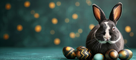 black and white rabbit with gold and black easter eggs on emerald background