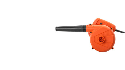 Side view closeup of orange electric air blower isolated on white copy-space background.