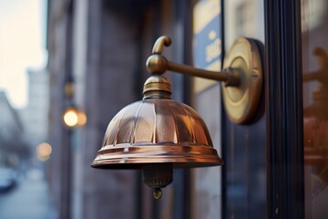 An elegantly hung hotel bell announces guests' arrival with a gentle melody. Polished metal bell adds a touch of sophistication at the hotel entrance.