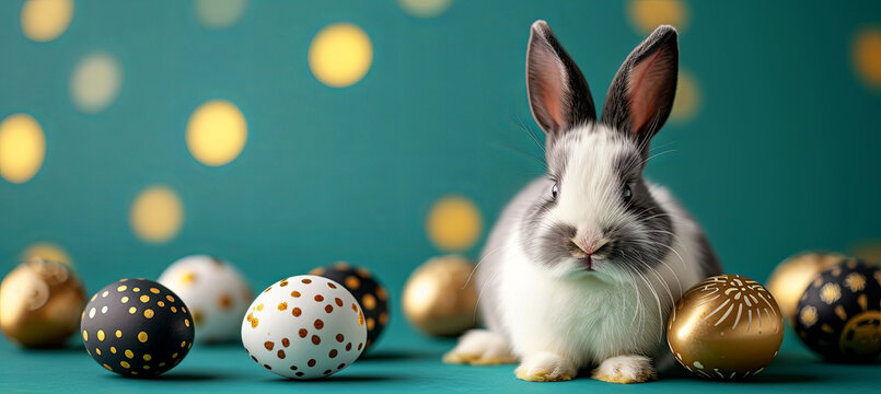 black and white rabbit with gold and black easter eggs on emerald background, spring time - Powered by Adobe