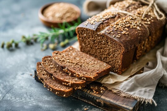 Rustic background with sliced whole grain rye bread and seeds on cutting board