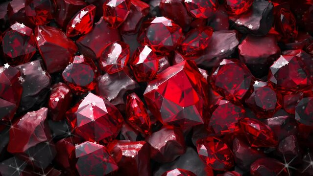 Video with minimalist motion design, highlighting red ruby crystal stones and a sparkling effect.
