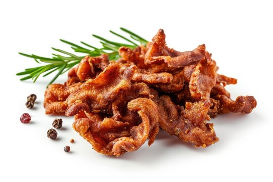 Rosemary flavored fried pork lard cracklings on a white background