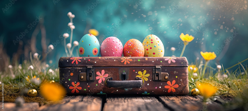 Wall mural Cute suitcase with eater eggs. Concept of spring holidays 