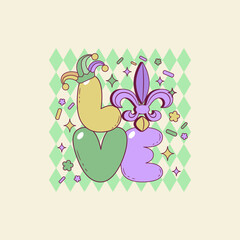 cute retro illustration of the word love for mardi gras parties 