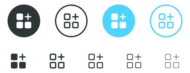 Add, new, plus icon symbol. layout grid, new menu icon - create more icons button in filled, thin line, outline and stroke style for apps and website