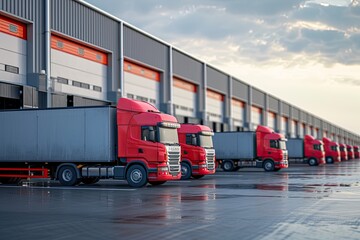 Small commercial semi trucks with trailers loading cargo for timely delivery in warehouse dock