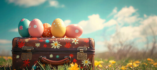 Cute suitcase with eater eggs. Concept of spring holidays, sky background