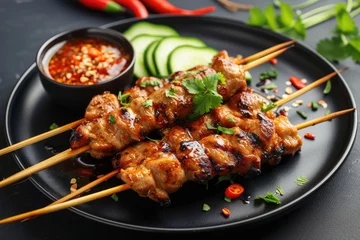Keuken spatwand met foto Skewered grilled meat served with spicy salad cucumber chili and soy sauce © The Big L