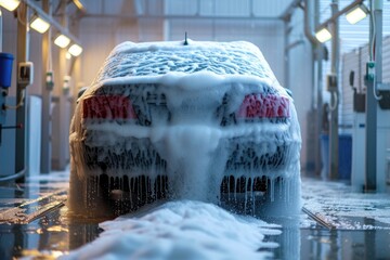 Self service car wash covers car s rear with soap foam - obrazy, fototapety, plakaty