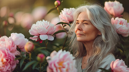 old beautiful woman with grey hair on the pink peony blossom background