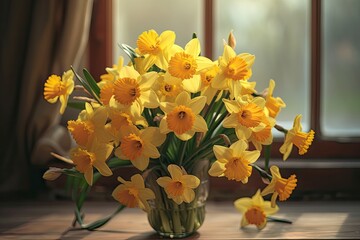 Spring rural cottage core composition yellow daffodils bouquet in a still life of garden flowers