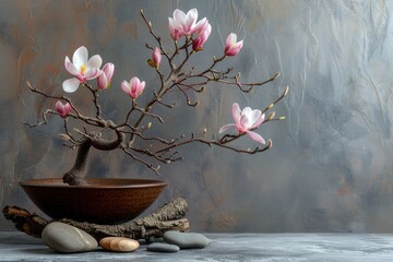 Spring ikebana floral arrangement with magnolia and plum branch flowers in a brown bowl on a grey...