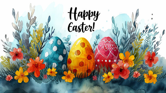 Happy Easter! Easter Holiday Watercolor Background - with Beautifully Decorated Easter Eggs on Flowery and Grassy Background with Text Art Typography that Reads Happy Easter!