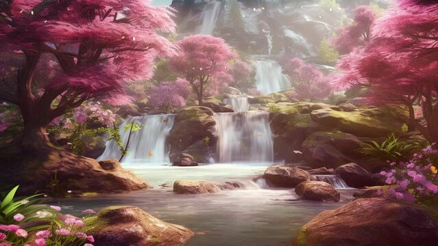 tropical Rainforest background video, with waterfall and river, tree amazing view landscape nature fantasy looping scenery