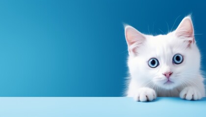 Generative AI image of Frightened white cute cat peeks out from behind a corner on a blue background, with copy space, glowing