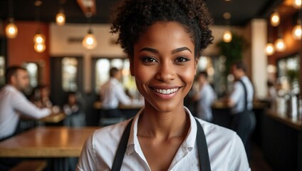 Close-up selfie of a friendly young black waitress with a charming smile, in a white shirt and black apron, in a bustling restaurant setting.