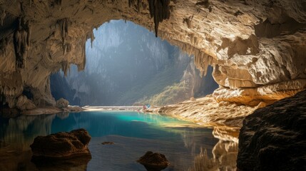 majestic cave with a beautiful lake in the background