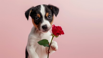 Generative AI image of funny puppy on pastel light background holding a rose