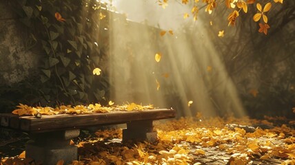 A cozy autumn scene with golden leaves scattered around a rustic wooden bench, soft sunlight filtering through the trees