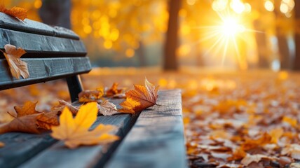 A rustic wooden bench sits beneath a canopy of golden leaves, bathed in the soft light of the autumn sun - obrazy, fototapety, plakaty