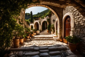 Fototapeta na wymiar The entrance to a hillside villa showcasing a stone archway, cobbled pathway, and glimpses of the lush Mediterranean landscape